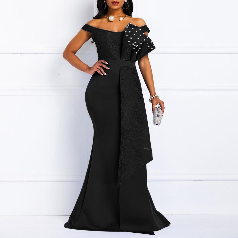 (black, XXL) "2025 Spring/Summer Irregular One-Shoulder Lace Dress with Beaded Lotus Leaf Design