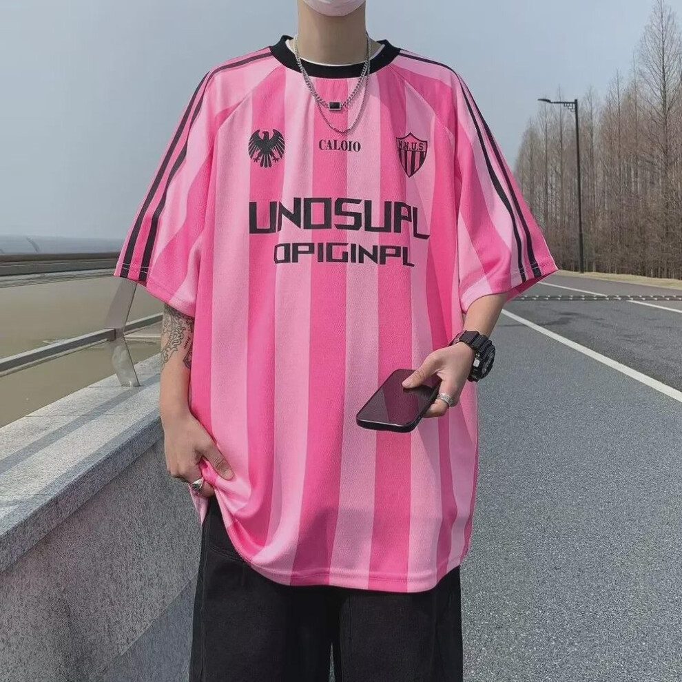 (pink, Medium) Men's Striped Mesh Quick-Dry T-Shirts - Short-Sleeved, Loose-Fit