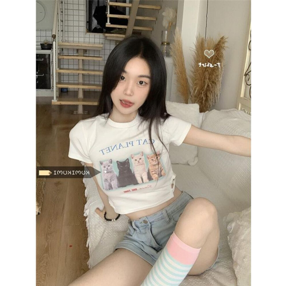 (white, L) Women's Summer Slim Fit Cat Print White Crop Top - Short-sleeved Bm Style T-shirt
