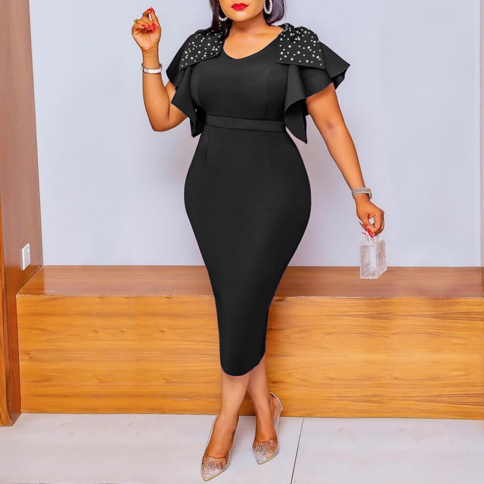 (black, Extra Large) "D3182 European & American Women's Summer 2023 Beaded Ruffle Dress: New Fashion.