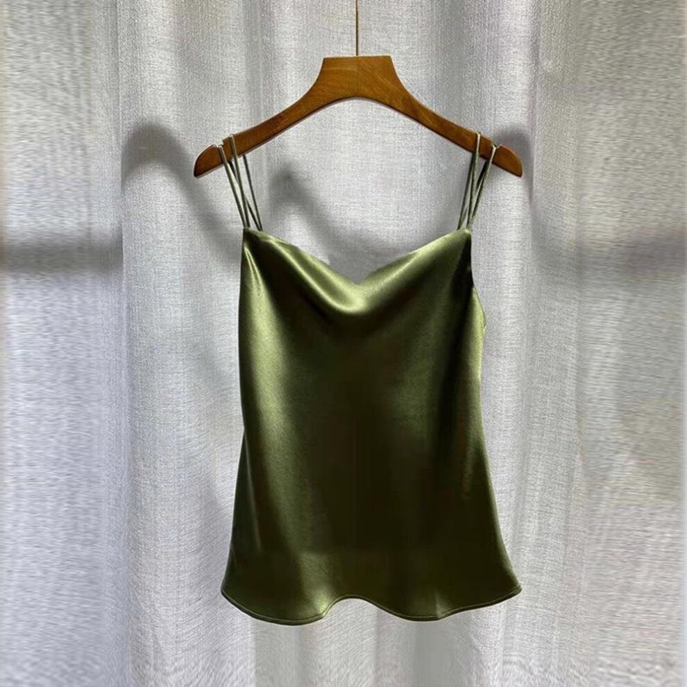 (army green, L) High-End Silk Satin Lace V-Neck Camisole for Women - Sleeveless Loose-Fit Spring/Summer Trend