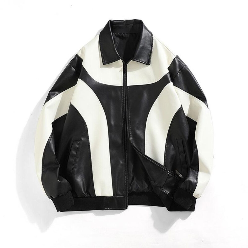 (white,black, Large) "Hong Kong Style Men's Leather Jacket: Autumn/Winter Korean Fashion, Youthful Loose-Fit, Contrast Color, Casual Motorcycle Outerwear