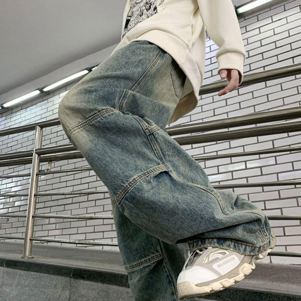 (blue, S) "2023 Men's American Retro Distressed Wide-Leg Floor-Length Jeans