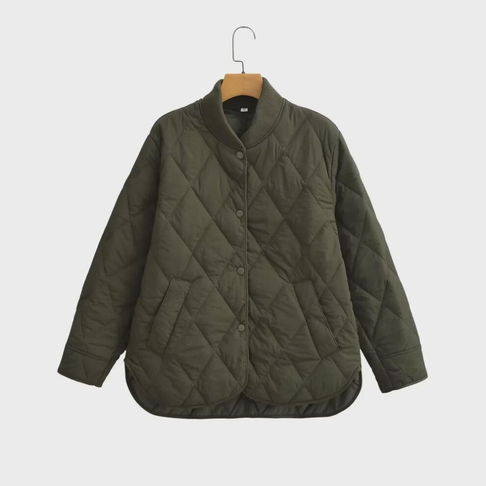 (army green, Medium) 2023 Winter Women's Solid Color Diamond Grid Loose Cotton Jacket with Stand Collar