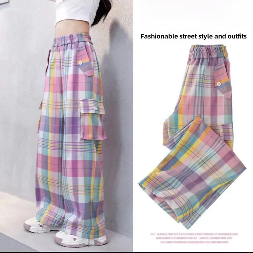 (120 cm) "2024 Spring/summer Girls' Street Dance Plaid Overalls: Trendy Wide-leg Children's Pants