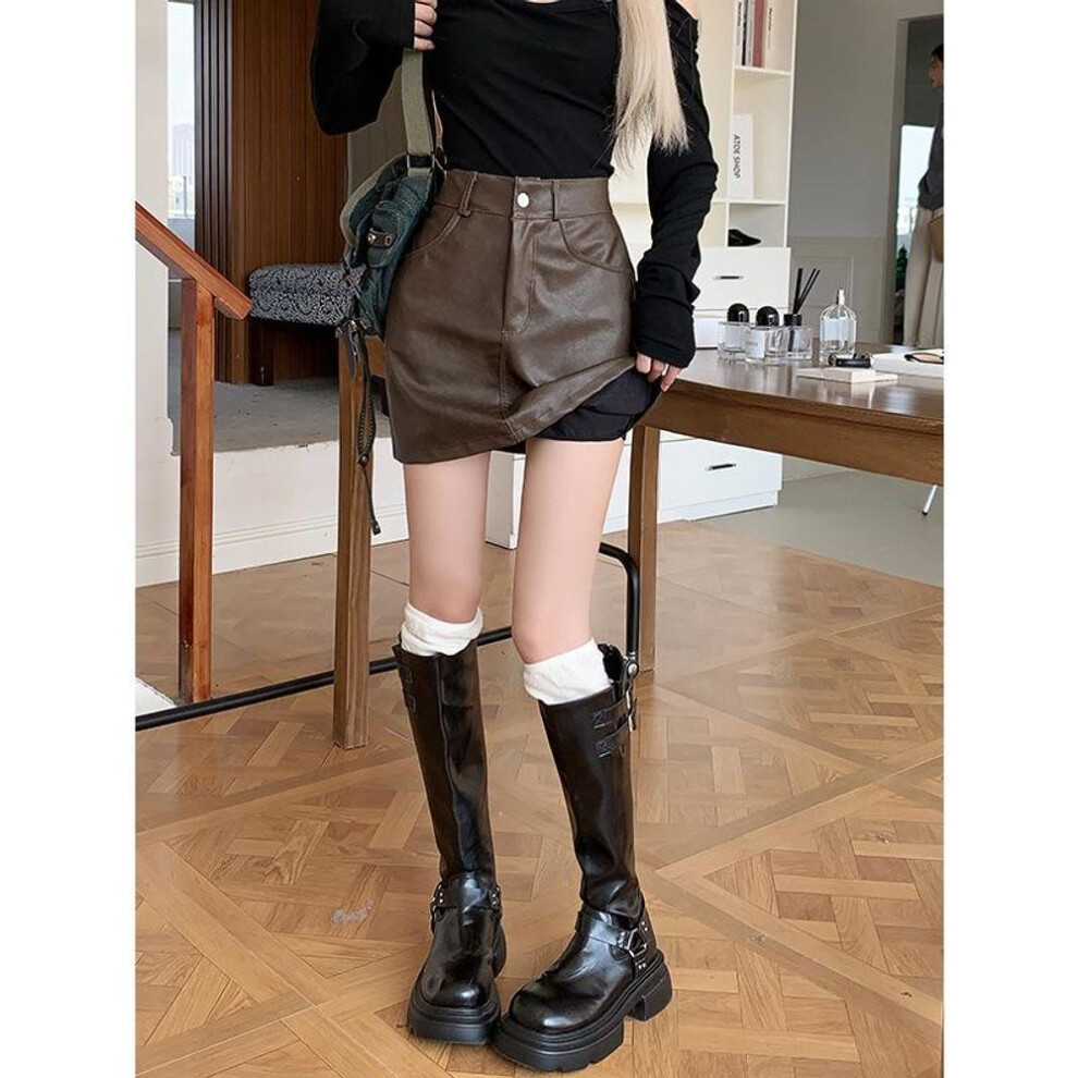(coffee, 2XL) "2025 Spring/autumn Black Pu Leather High-waist Slim Skirt - Trendy Korean Style
