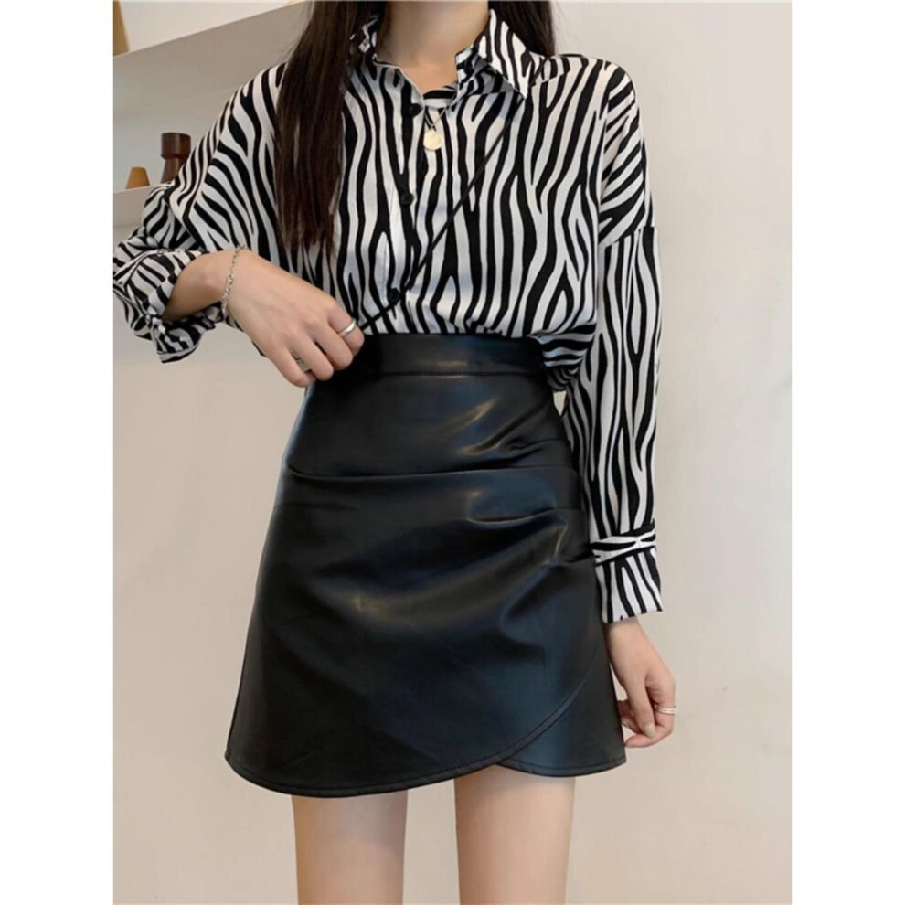 (black, 3XL) Women's Coffee-colored High-waist Pu Leather A-line Skirt - Wrinkled Design, 2023 Fall/winter Korean Slim Fit Short Skirt