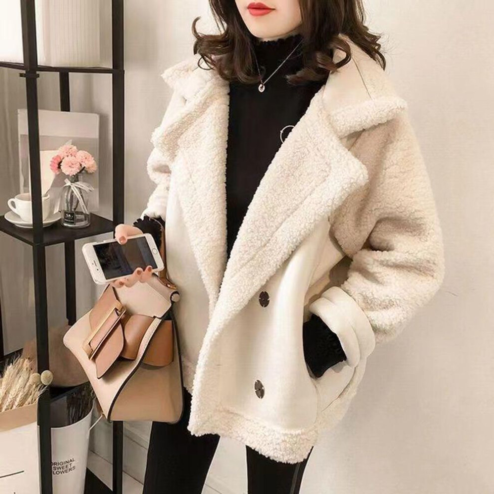 (off-white, M [80-100 catties]) Plus-size Women's Suede Fur Motorcycle Jacket For Autumn/winter