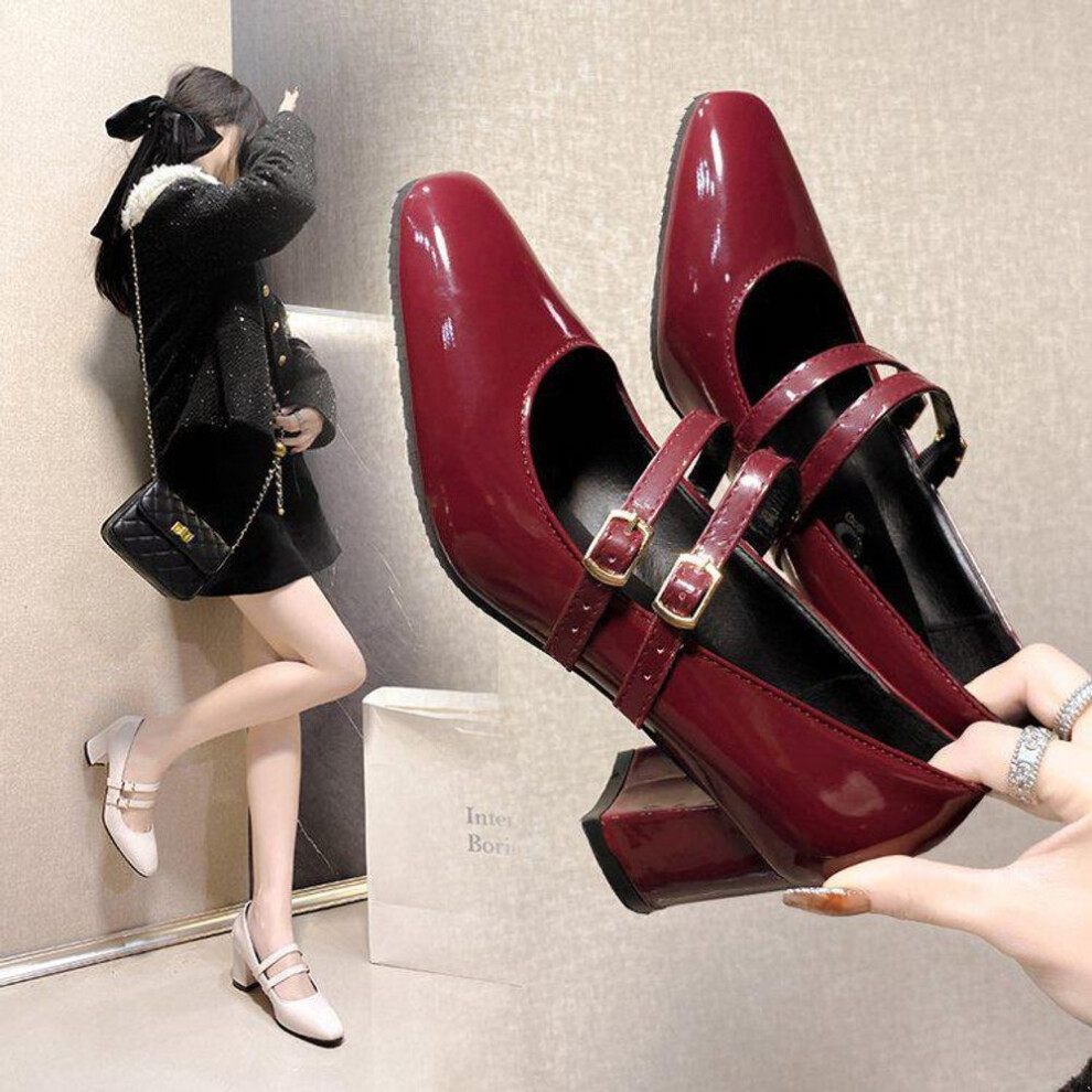 (wine red, 39) "2024 Spring Retro Mary Jane Women's Square-Toed Red Shoes with Thick Heels and Buckle