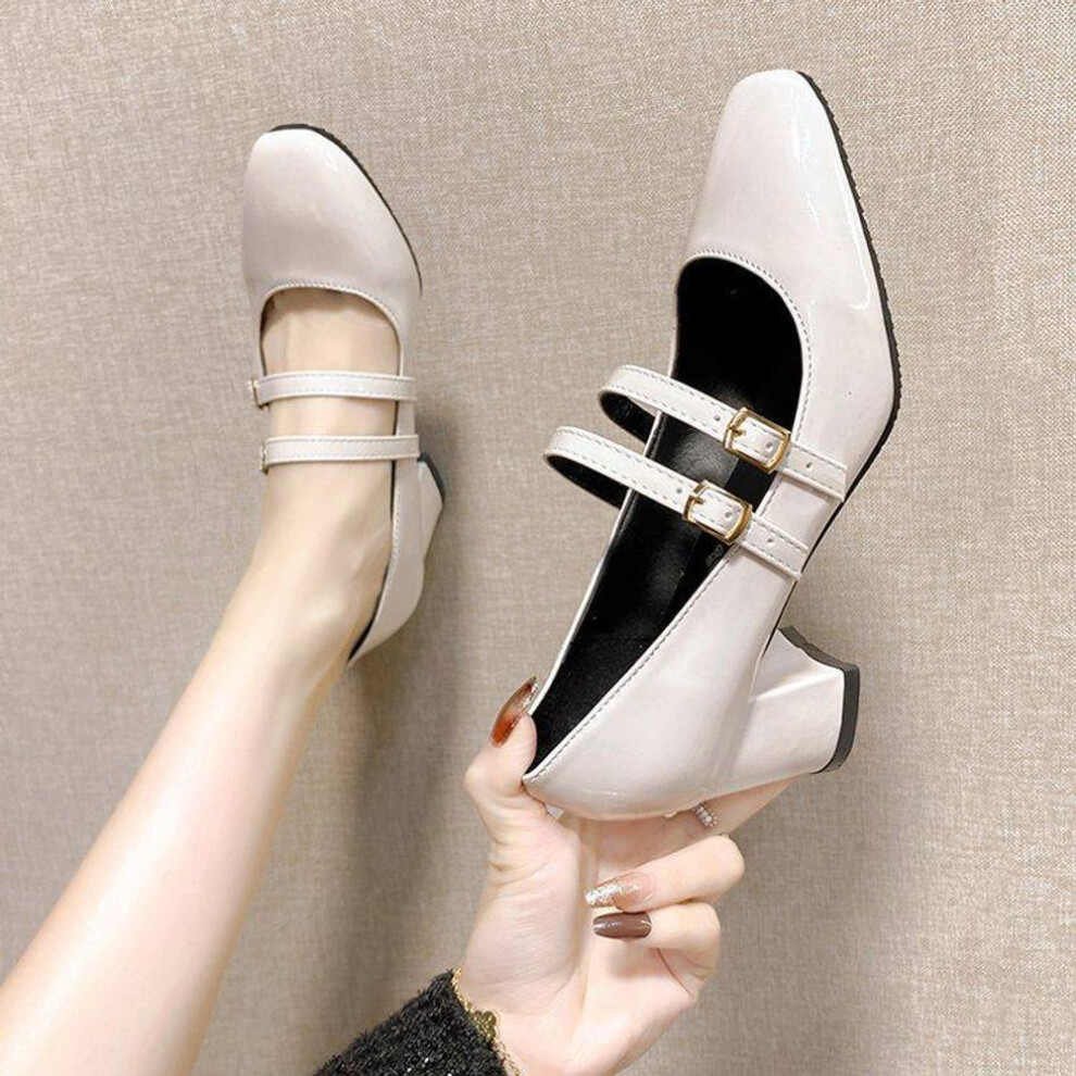 (apricot, 38) "2024 Spring Retro Mary Jane Women's Square-Toed Red Shoes with Thick Heels and Buckle
