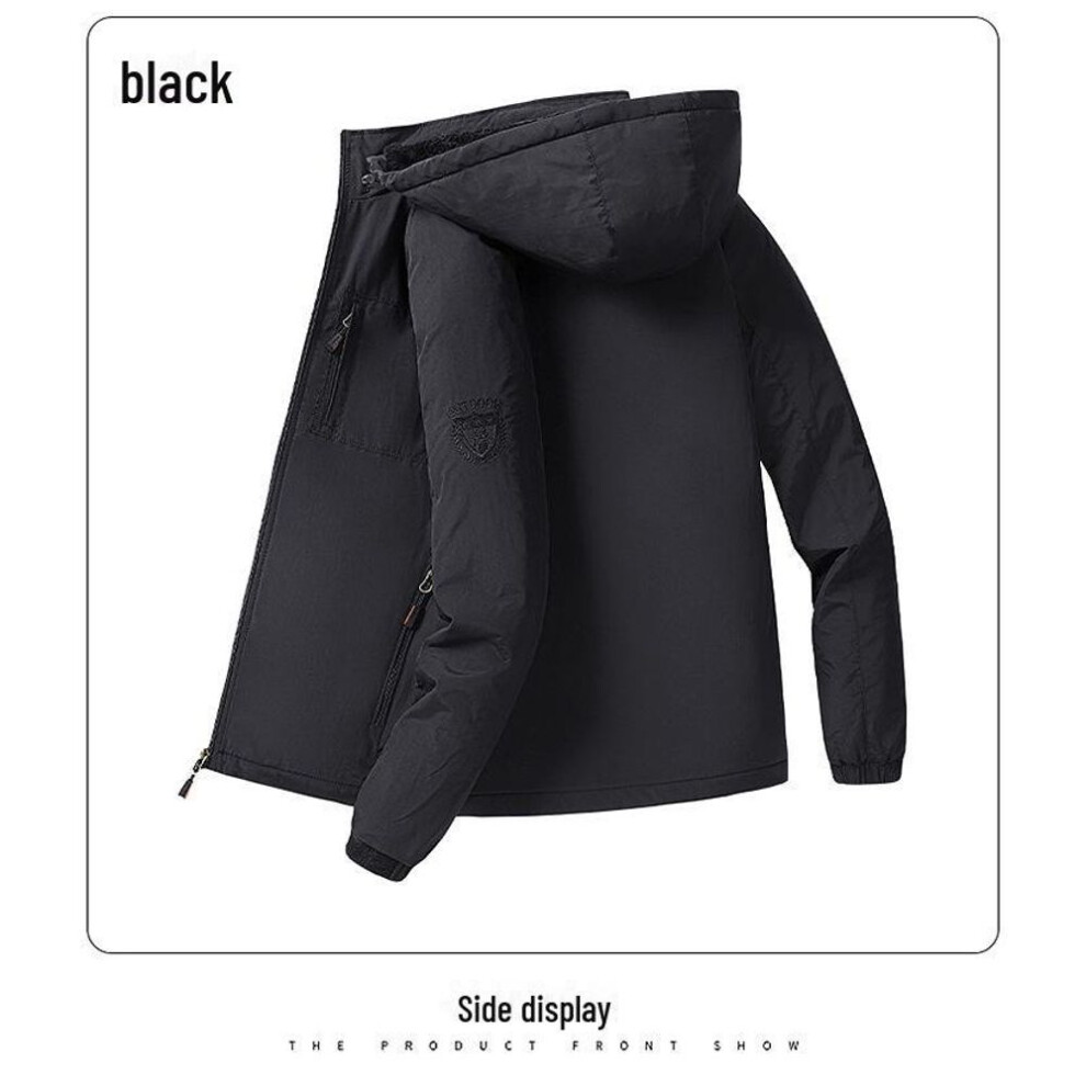 (black, 2XL) Men's Plus Size Waterproof Breathable Jacket - Medium to Long Style, Thick Velvet for Autumn & Winter Outdoor Wear