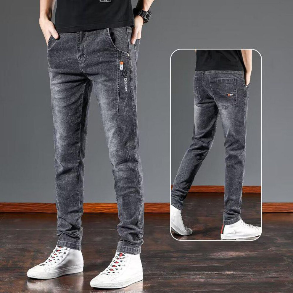 (gray, 36) Men's Summer Slim Stretch Jeans - Korean Style, Trendy Casual Straight Pants