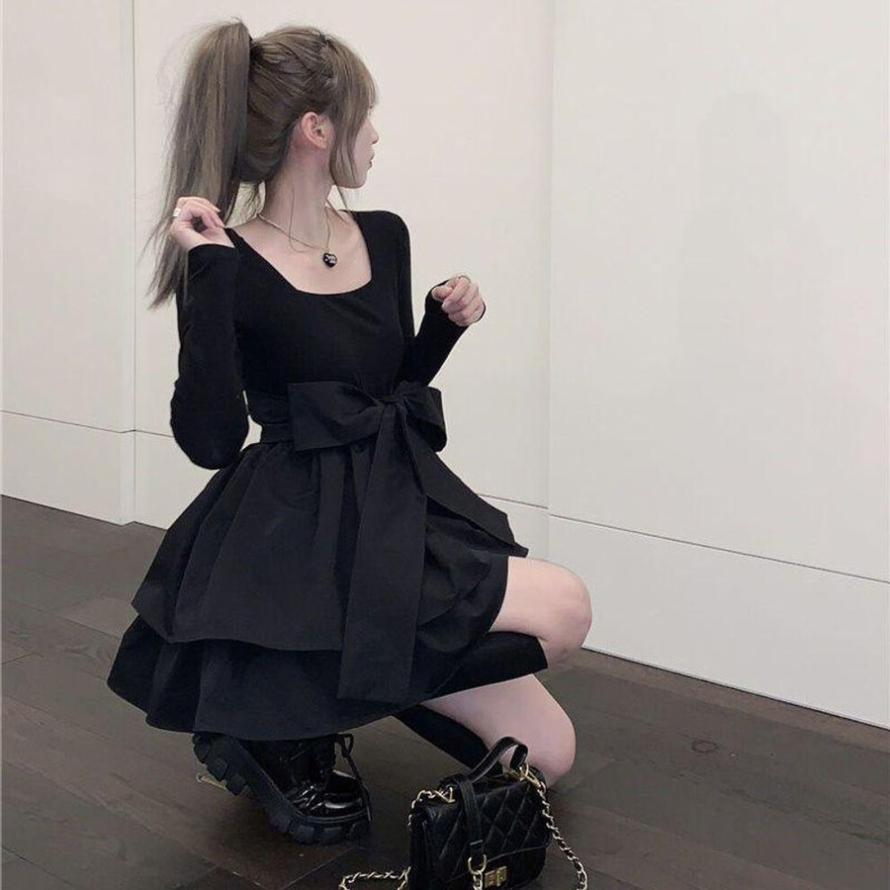 (black, L (115-125 kg)) "hepburn Style Long-sleeve Bow Tie Dress: Autumn/winter Waist-slimming A-line Puffy Skirt