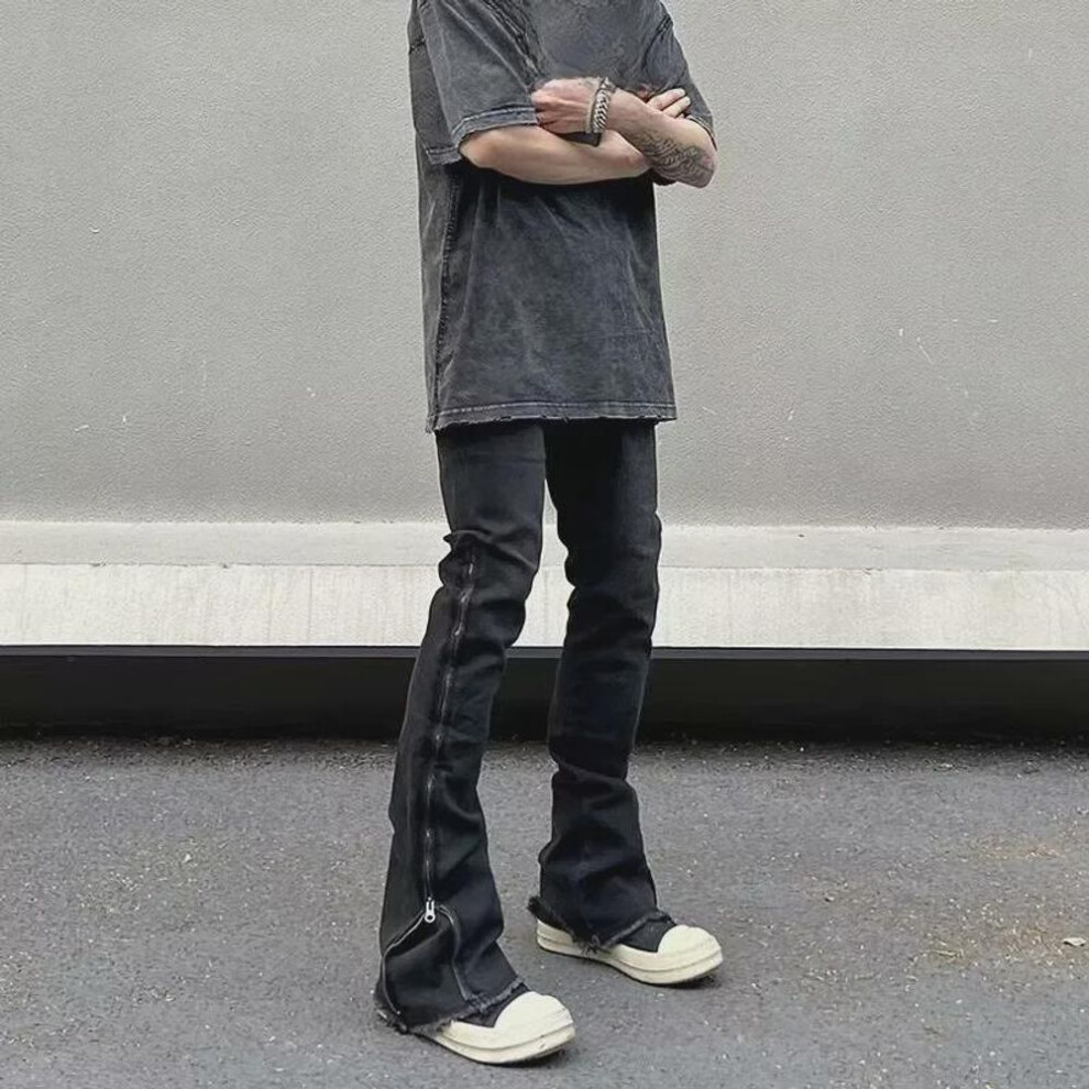 (black, Small) American High Street Raw Edge Side Zipper Slim Fit Flared Jeans for Men