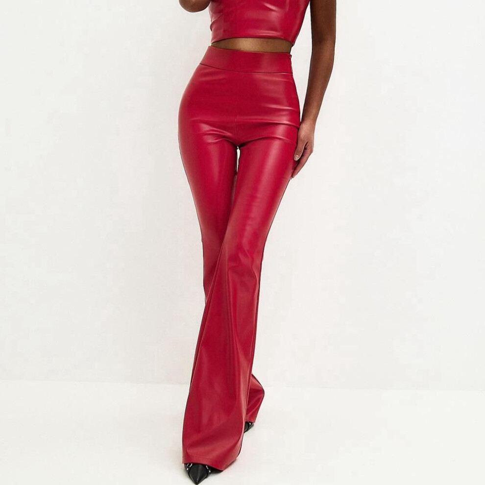 (red, Medium) "2024 Winter High Waist Black Shiny Pu Leather Flared Pants For Women