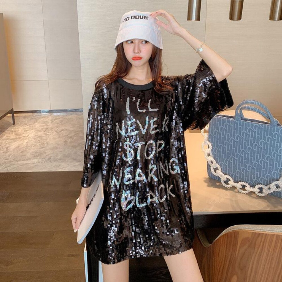 (black, One Size) "european Women's Plus Size Sequin T-shirt Dress - Early Spring Trend