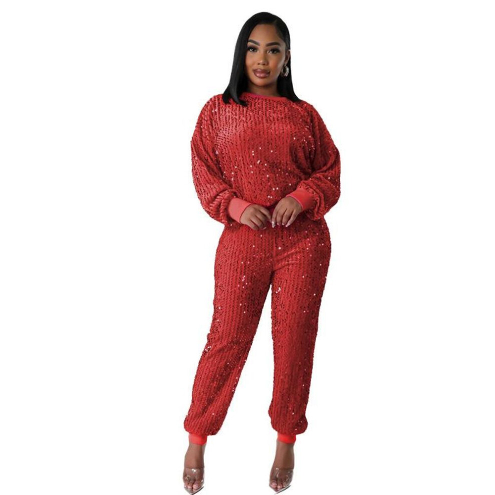 (red, Double Extra Large) European & American Women's Long-sleeve Sequin Two-piece Suit - Autumn/winter Fashion For Parties & Leisure