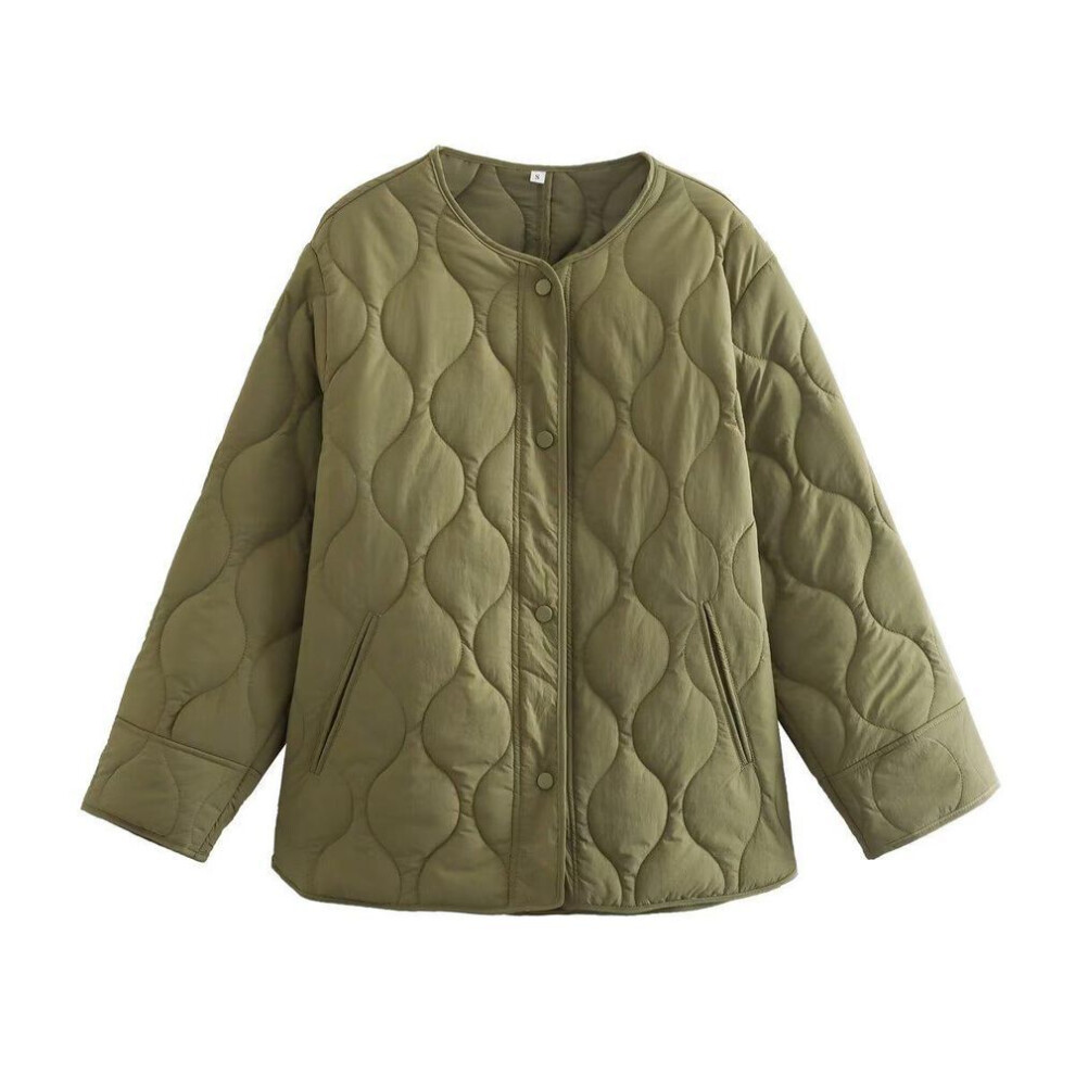 (army green, Small) Autumn/winter 2022 European & American Style Women's Round Neck Loose Diamond Checkered Cotton Jacket