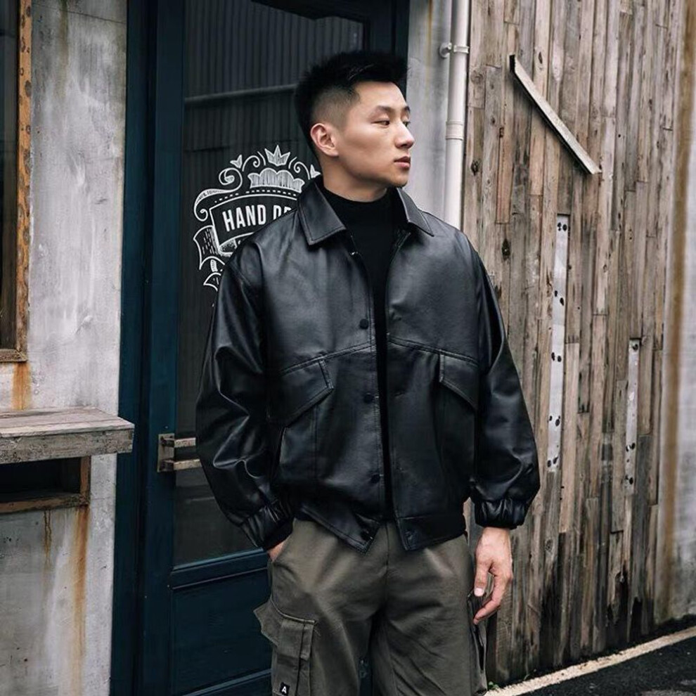(S (for 80-90 jin)) Trendy Men's Loose-fit Motorcycle Leather Jacket - Autumn Pilot Style