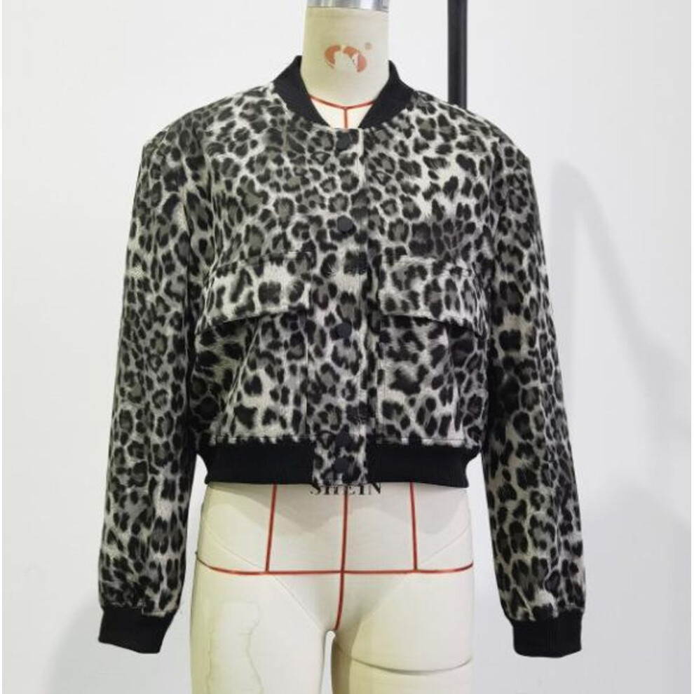 (leopard print, Small) Women's 2024 European & American Stand-Up Collar Pocket Jacket - Spring/Autumn Edition