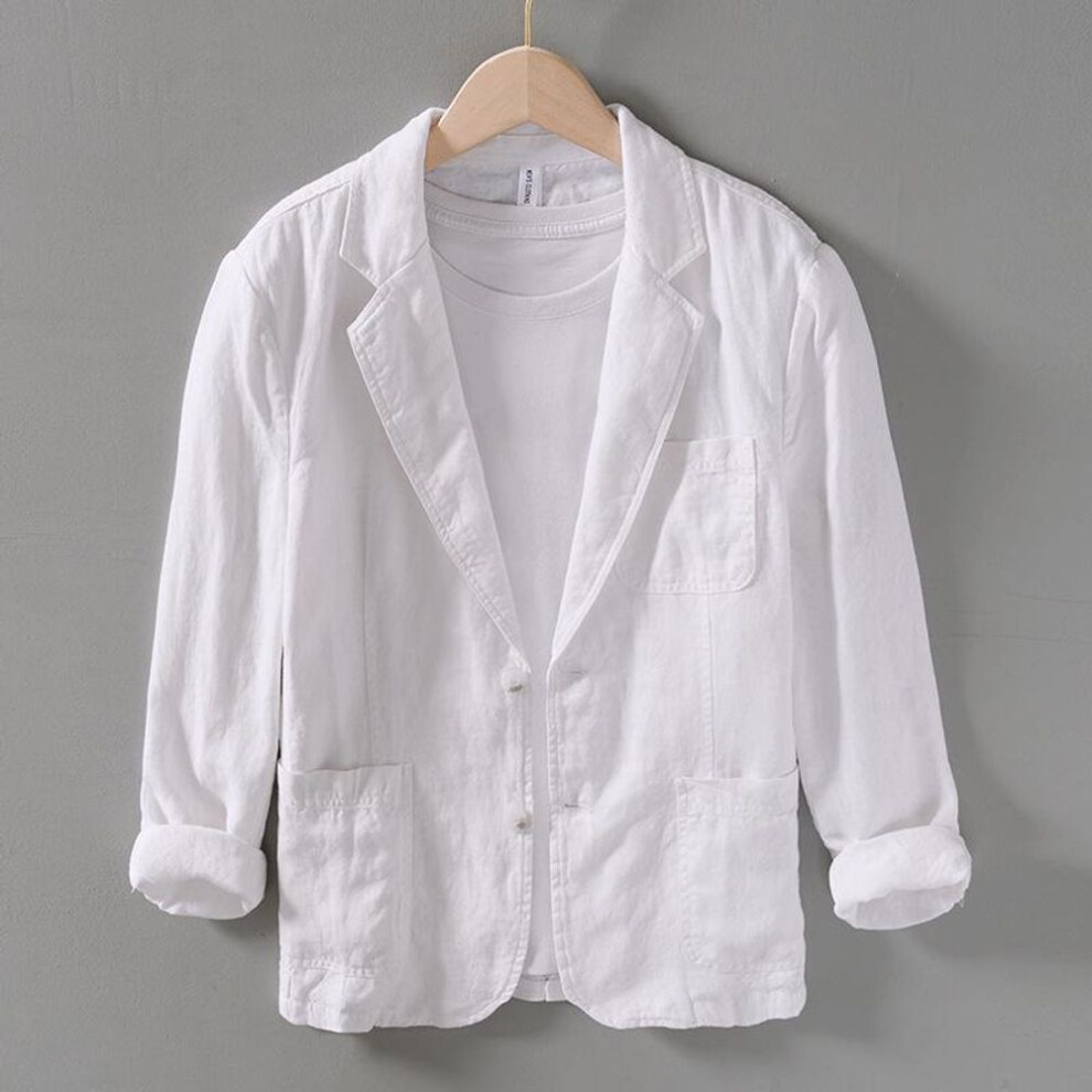 (white, XL) Men's Casual Retro Linen Suit Jacket - Spring Flat Lapel, Loose Artistic Style
