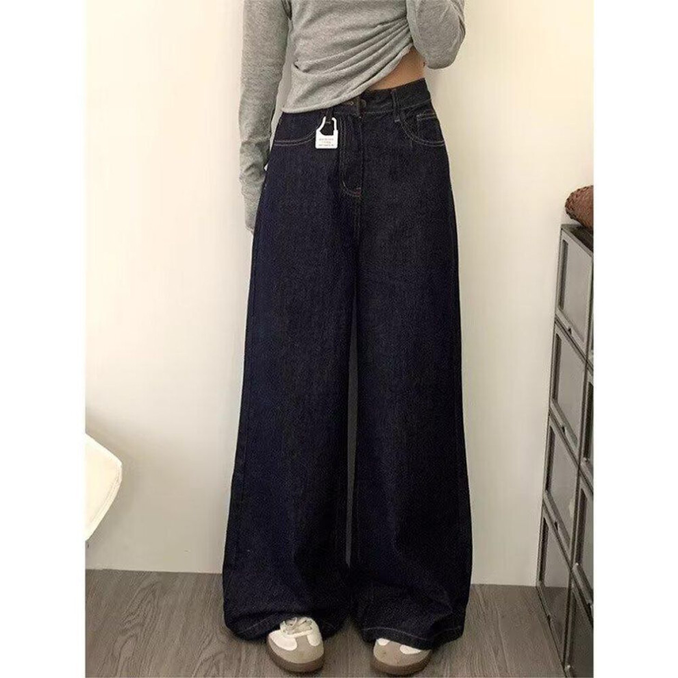 (dark blue, Medium) "Retro Dark Wide-Leg Jeans - Autumn Style, Loose Fit, Niche Mopping Pants