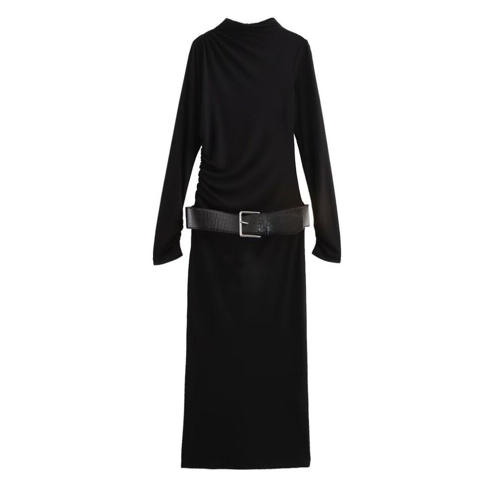 (black, M) European & American Style Autumn/Winter Pleated Long-Sleeve Dress with Stand-up Collar & Belt