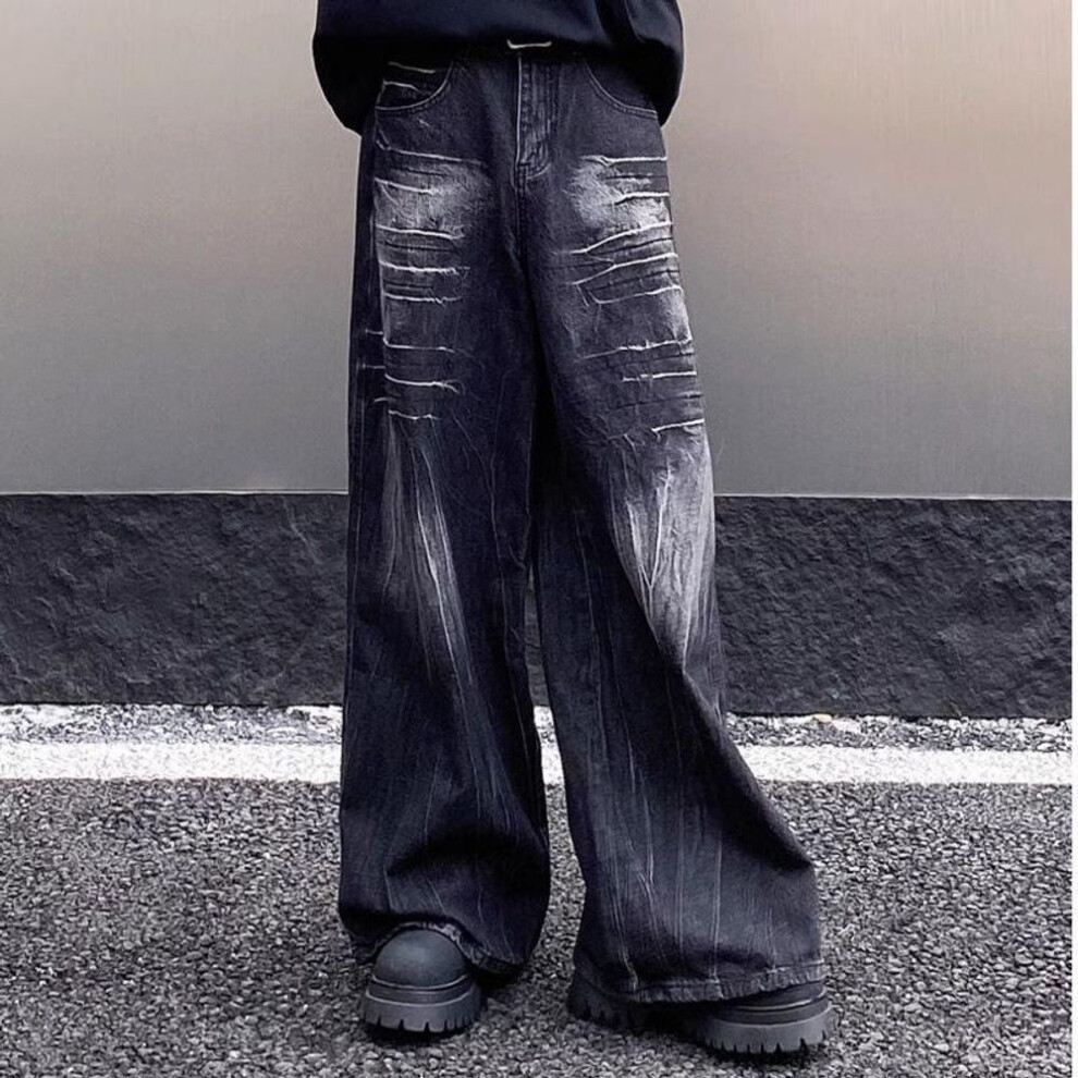 (XL [Premium Quality]) "american Retro Wide-leg Jeans With Washed Lightning Flower Design