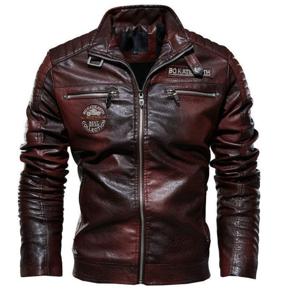 (red, XL) "men's Plus Size Pu Leather Motorcycle Jacket - Autumn/winter European Style With Velvet Lining