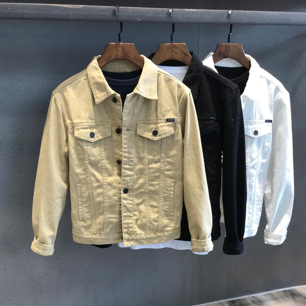 (khaki, XL) "men's White Denim Jacket - Spring/autumn Korean Style, Trendy Casual Workwear