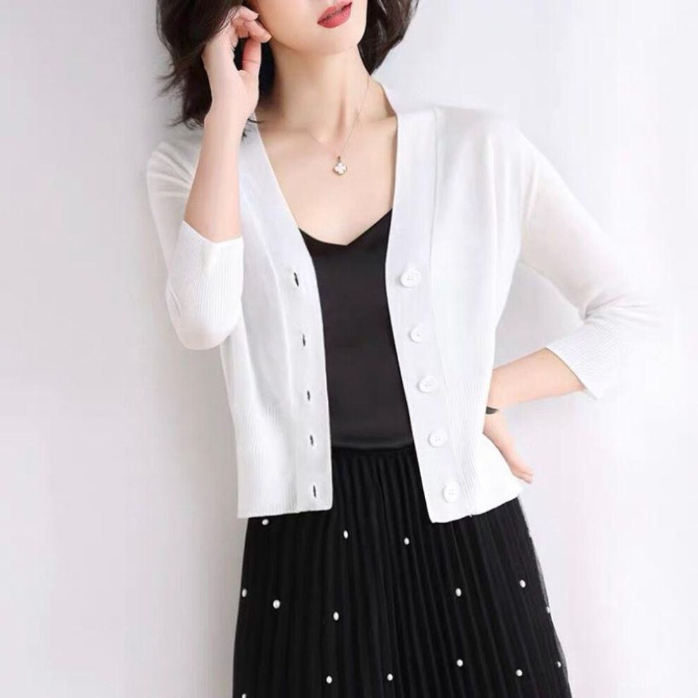 (white, Small) Lightweight Women's Spring/Summer Cardigan: Three-Quarter Sleeve Knit Sweater Jacket with Shawl - Ice Silk, Perfect for Sun Protection