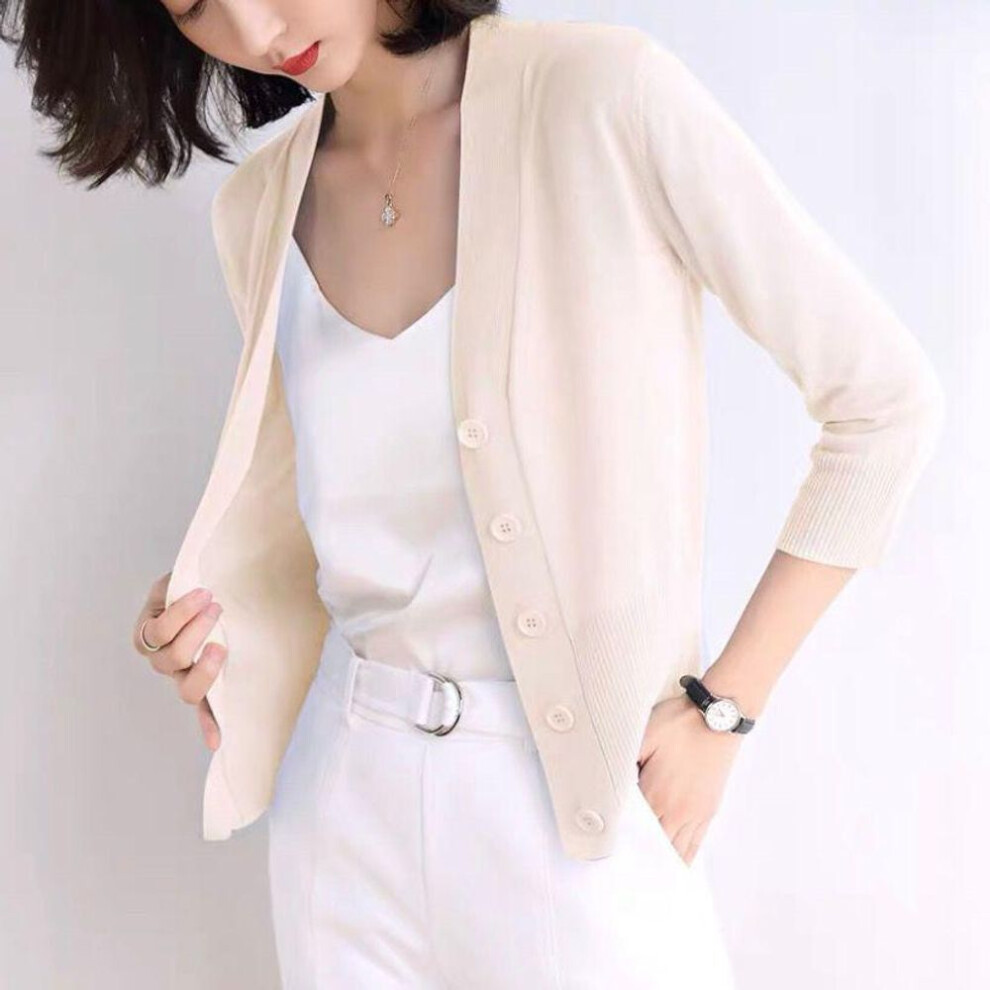 (apricot, Large) Lightweight Women's Spring/Summer Cardigan: Three-Quarter Sleeve Knit Sweater Jacket with Shawl - Ice Silk, Perfect for Sun Protection