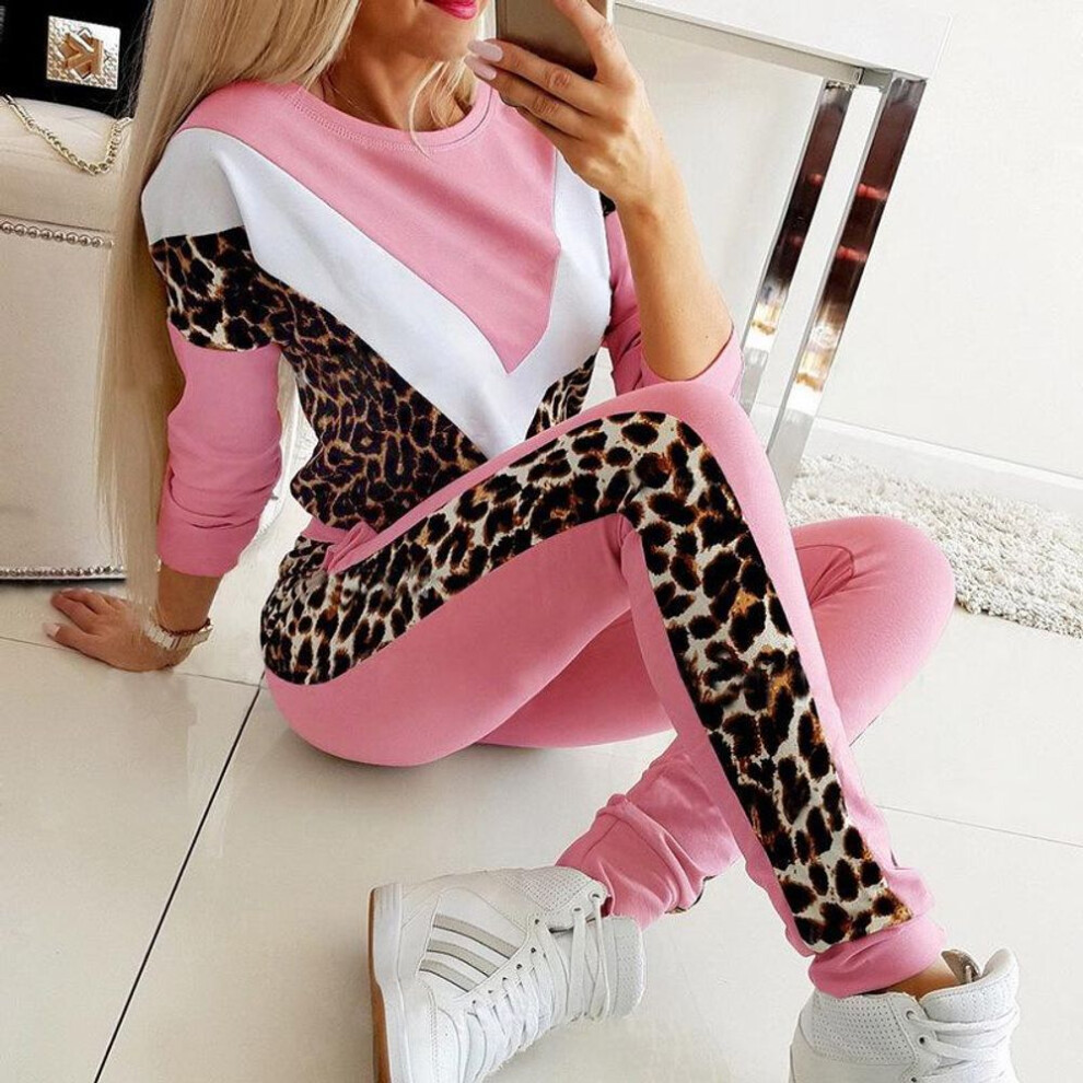 (pink, S) "european And American Spring & Autumn Leopard Print V-neck Sweater And Pants Leisure Suit
