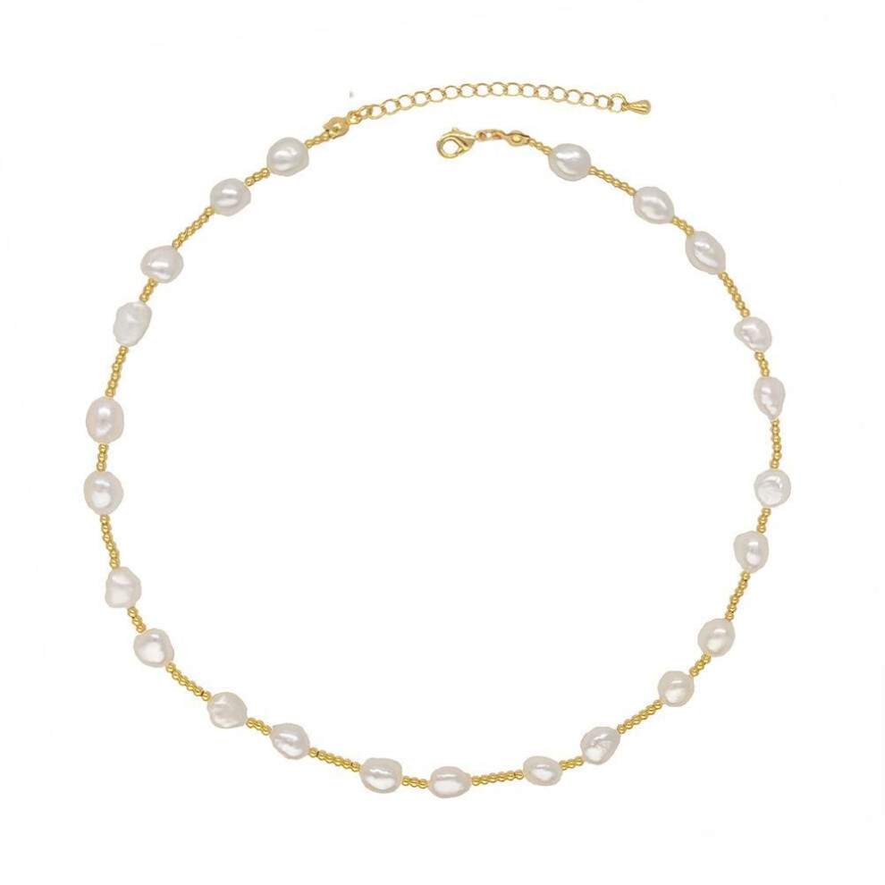 Elegant Natural Freshwater Pearl Necklace with 18K Gold-Plated Beads - Chic and Versatile Clavicle Chain