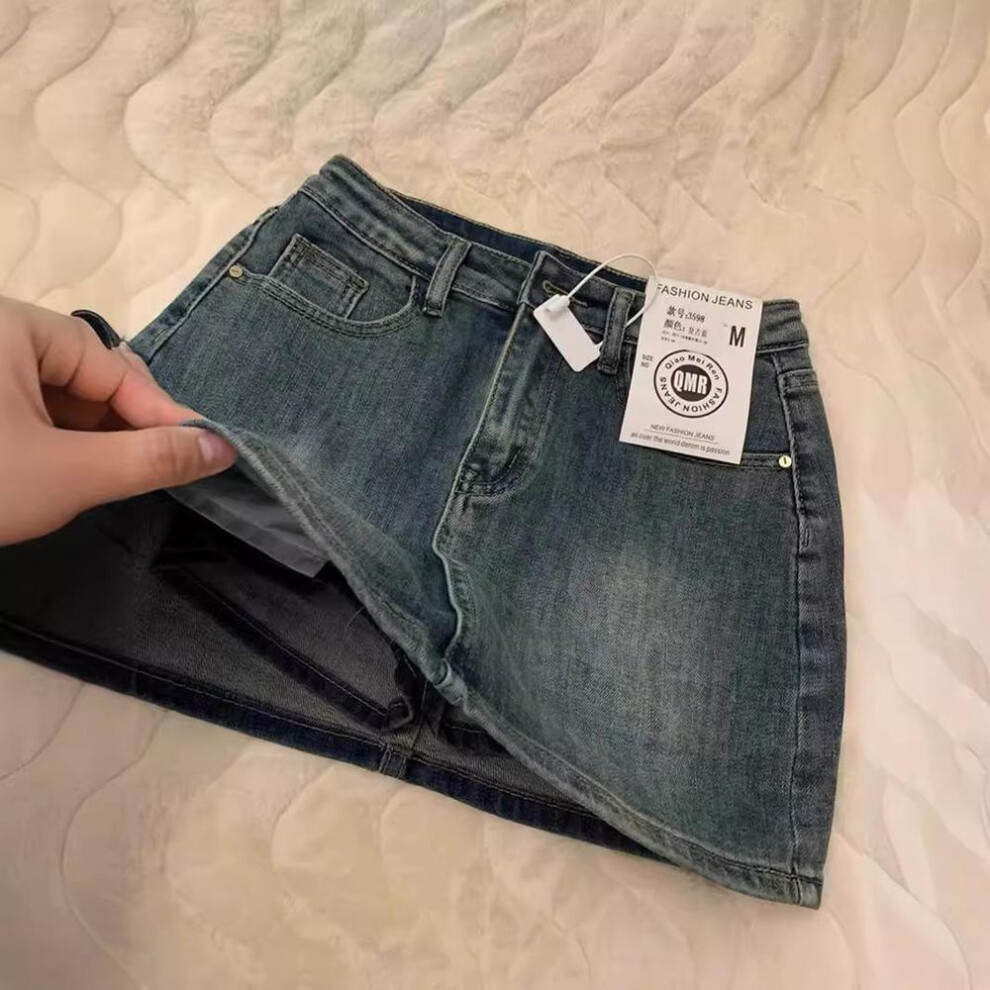 (Medium) "Women's High-Waisted American Retro A-Line Denim Skirt - Slim Fit, Elastic, Anti-Exposure
