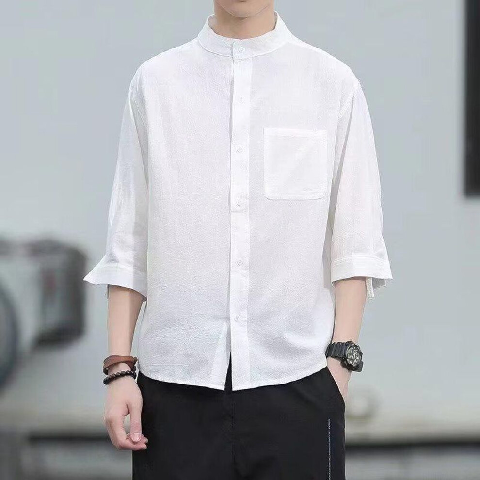 (white, 2XL) Men's Japanese Retro Cotton-Linen Stand-Up Collar Shirt, Trendy Three-Quarter Sleeve Casual Top