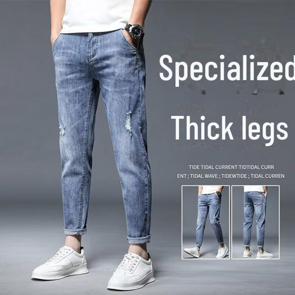 (blue, 29) "Men's Spring Loose-Fit Straight-Leg Ripped Jeans: Casual 9-Point Pants for Spring and Autumn