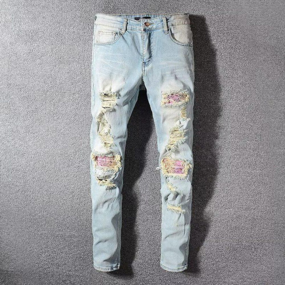 (light blue, 36) 2024 Men's European/american Fashion: Distressed Light Wash Slim Jeans With Graffiti Patches And Elastic Fit.
