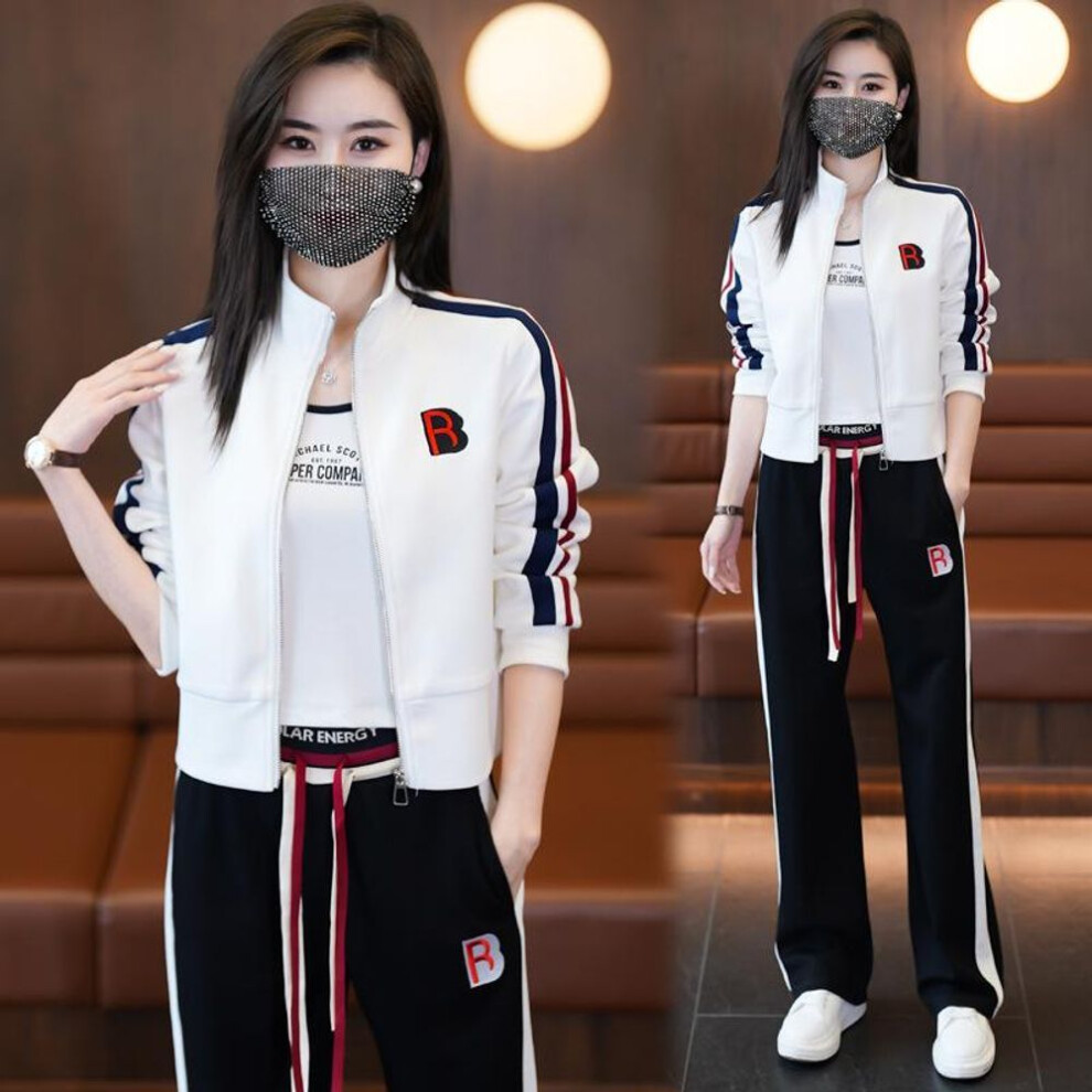 (white, L) Women's Casual Loose Sports Suit - 2024 Spring/autumn Style: Trendy Age-defying Sweater & Wide-leg Sweatpants Set