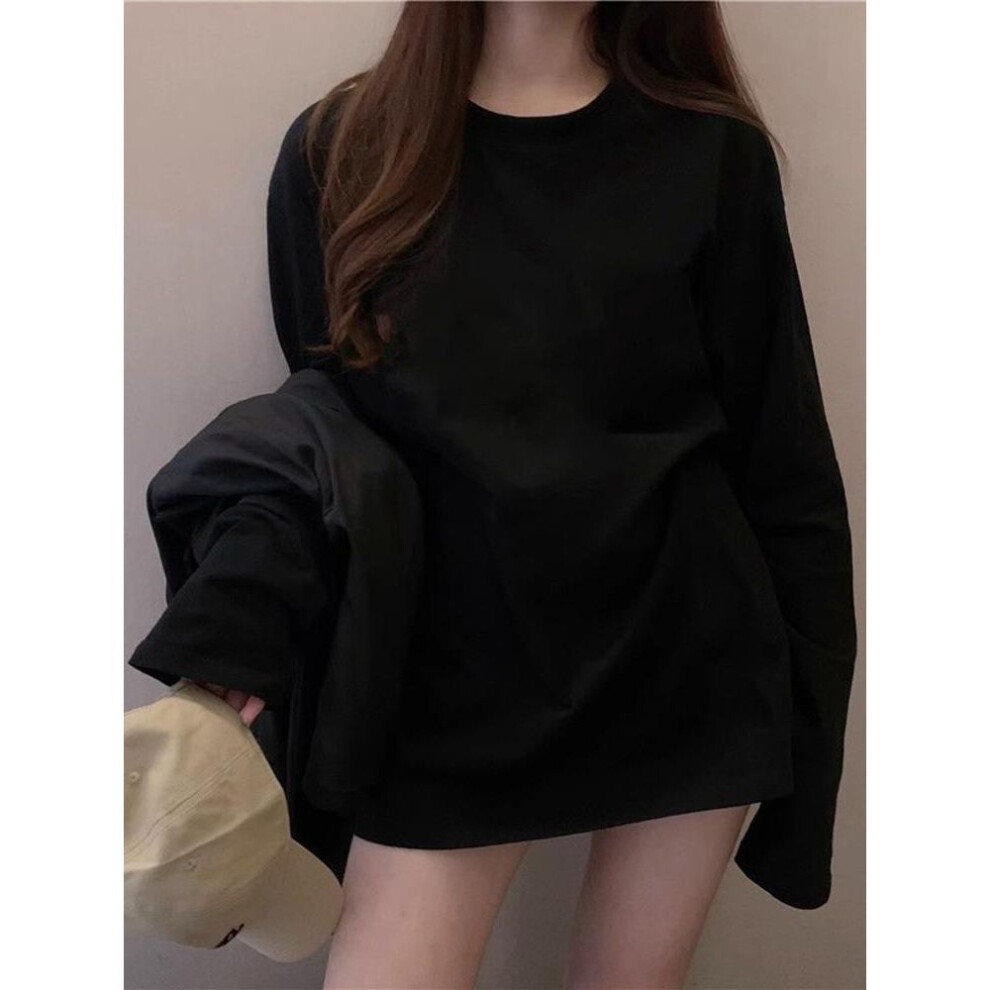 (black, M) Women's Long-Sleeve White T-Shirt - 2025 Autumn Loose Fit, Trendy All-Match Top