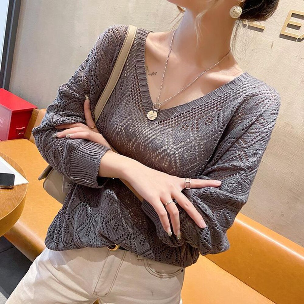 (beige, XXL) Women's 2023 Spring V-Neck Flower Hollow Knit Sweater Cardigan - Loose Fit, Batwing Sleeves, Short Length