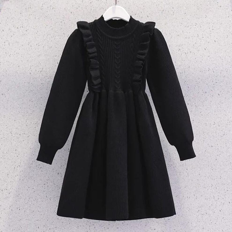 (black, 170 cm) "Girls' Long-Sleeve Knit Sweater Dress: Solid Color Casual Wear for Autumn/Winter