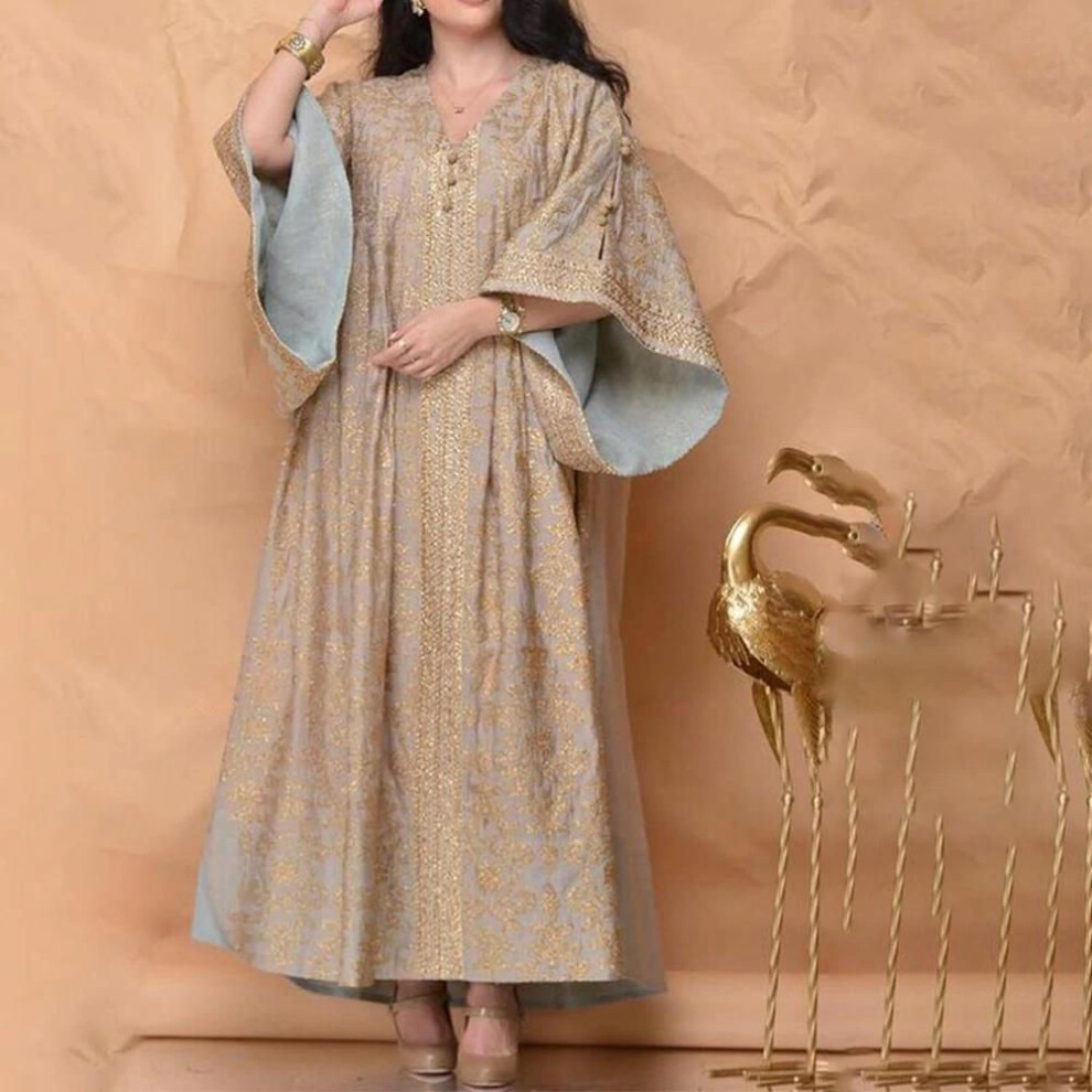 (khaki, Small) "2022 Spring/summer Women's V-neck Gold Embroidered Print Trumpet Sleeve Dress