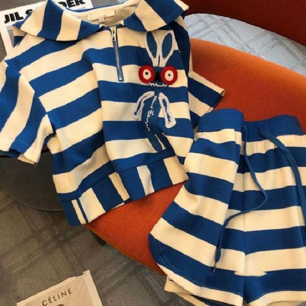 (L) Women's Summer 2023 Casual Striped Two-piece Suit: Short-sleeve Top And Shorts For A Chic, Relaxed Style