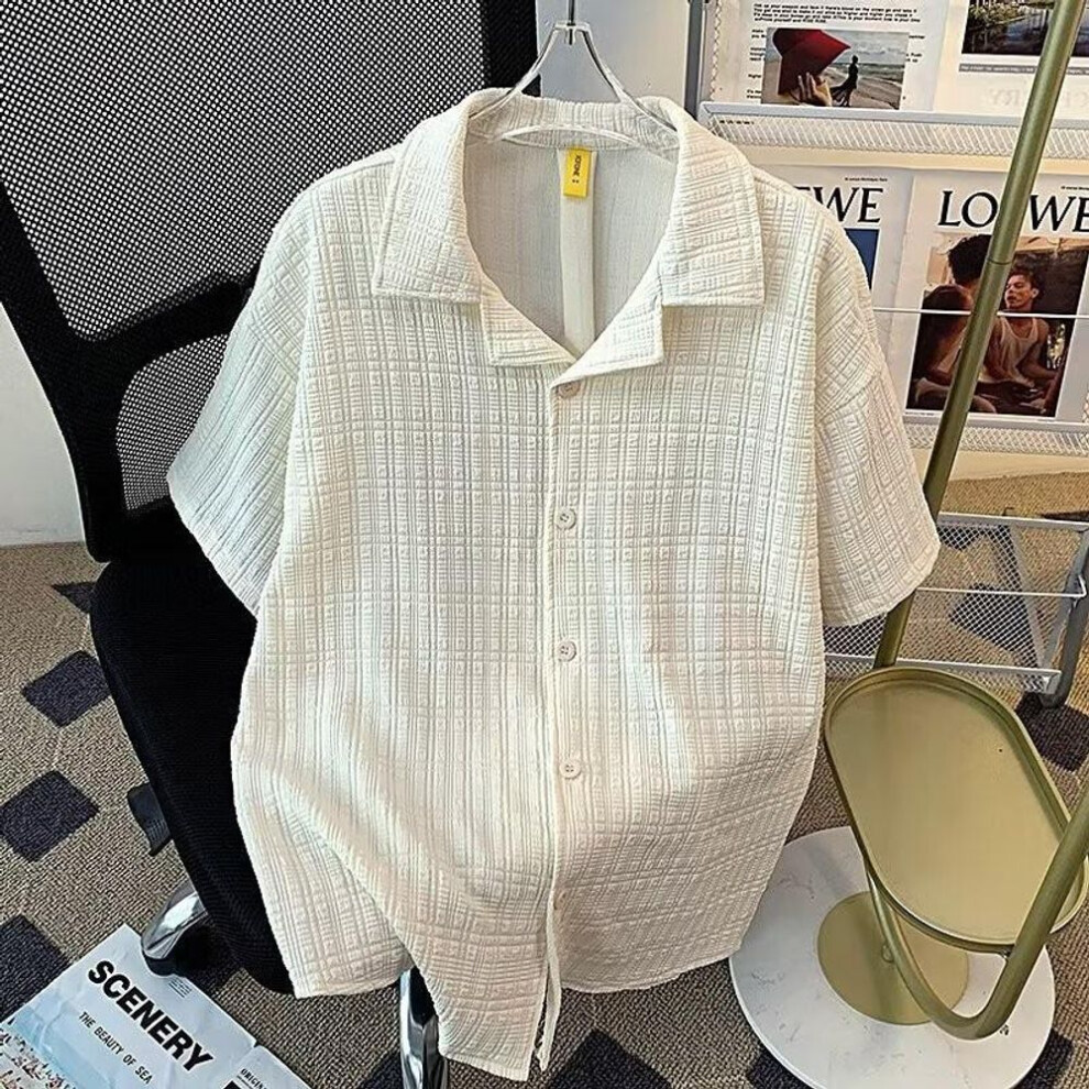 (beige, Medium) Men's Summer Striped Cuban Collar Short-Sleeve Casual Shirt - Trendy Korean Style