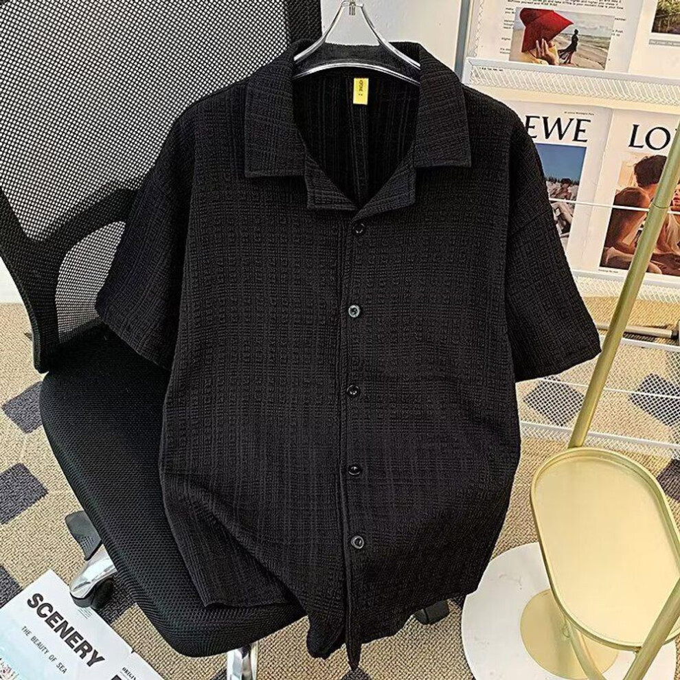 (black, 2XL) Men's Summer Striped Cuban Collar Short-Sleeve Casual Shirt - Trendy Korean Style