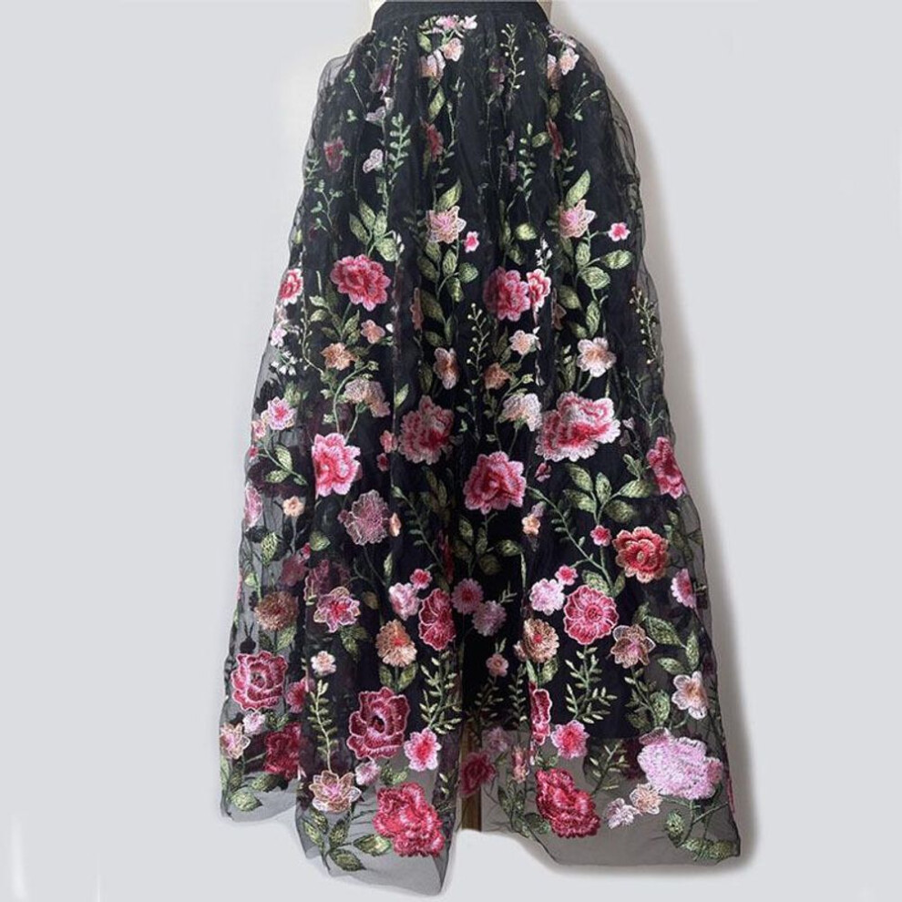(black,floral, S) "2024 Elegant High Waist A-Line Skirt: Spring/Autumn Women's Embroidered Midi Skirt