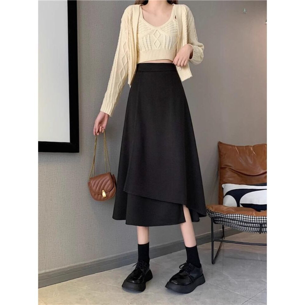 (black, XL) "Women's Black A-Line Skirt: Spring, High Waist, Irregular Hem, Korean Style, Large Swing, Hip-Covering, Plus Size