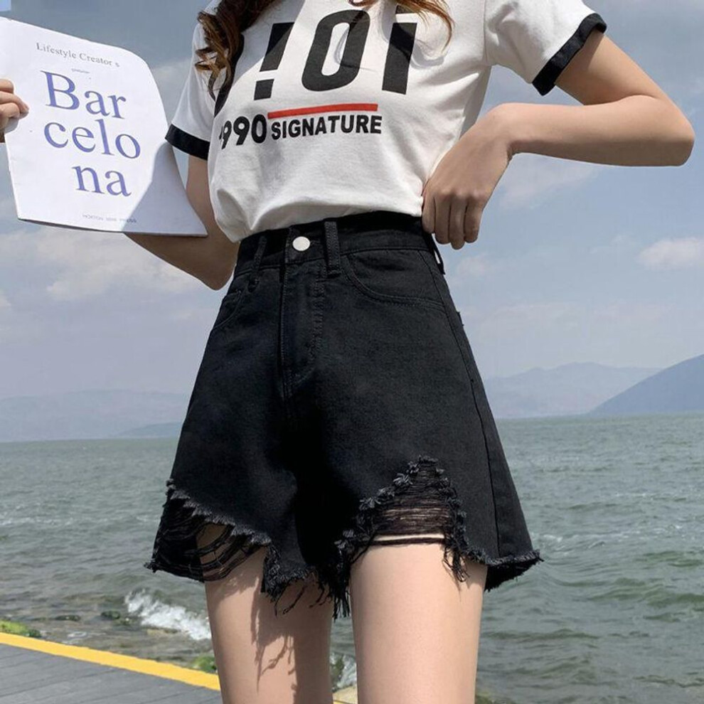(black, 4XL) "women's High-waist A-line Denim Shorts: Summer 2022 Trend, Loose Fit, Ripped, Wide-leg Hot Pants