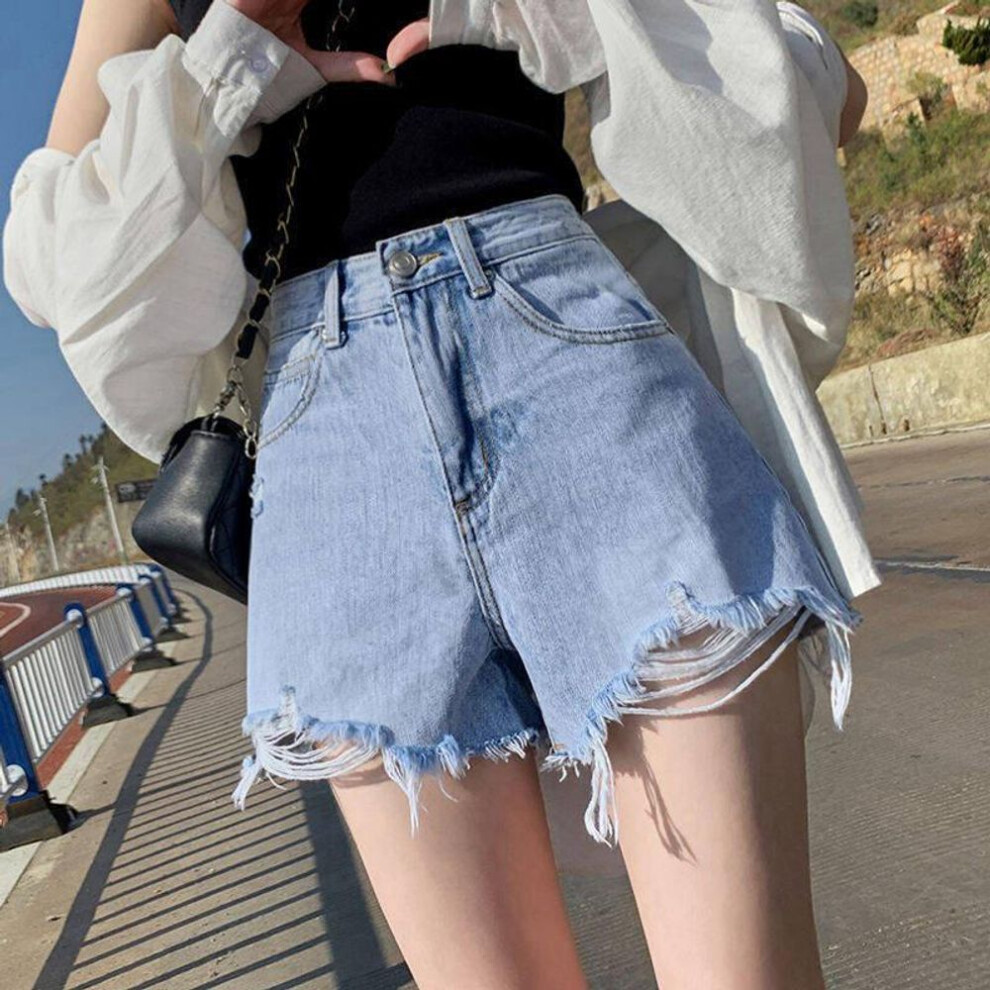 (light blue, S) "women's High-waist A-line Denim Shorts: Summer 2022 Trend, Loose Fit, Ripped, Wide-leg Hot Pants